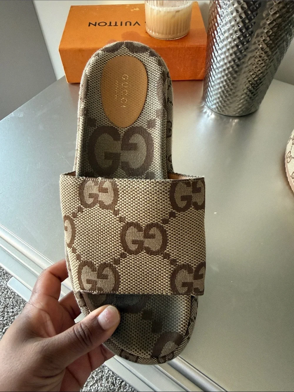 Gucci Brown and Beige GG Canvas Platform Slides